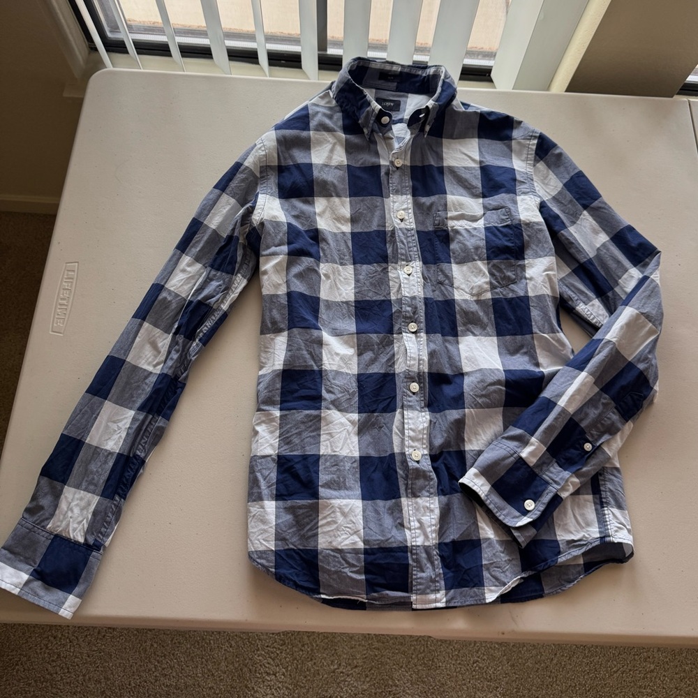 J. Crew Navy and White Plaid Button Down Shirt